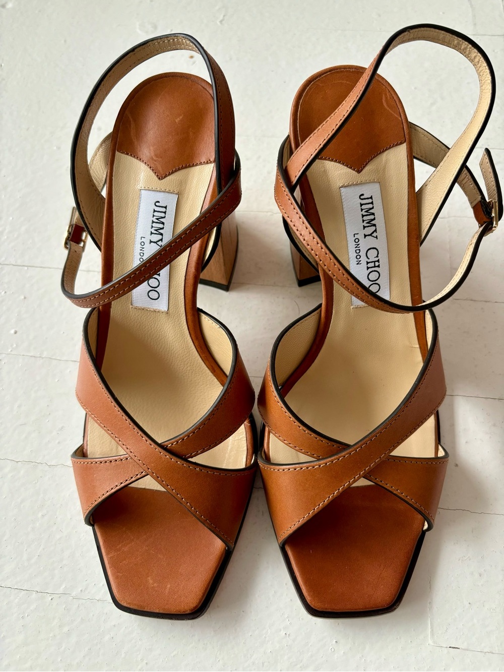 Jimmy Choo Tan Leather Block Heel Sandals - Picture 2 of 7
